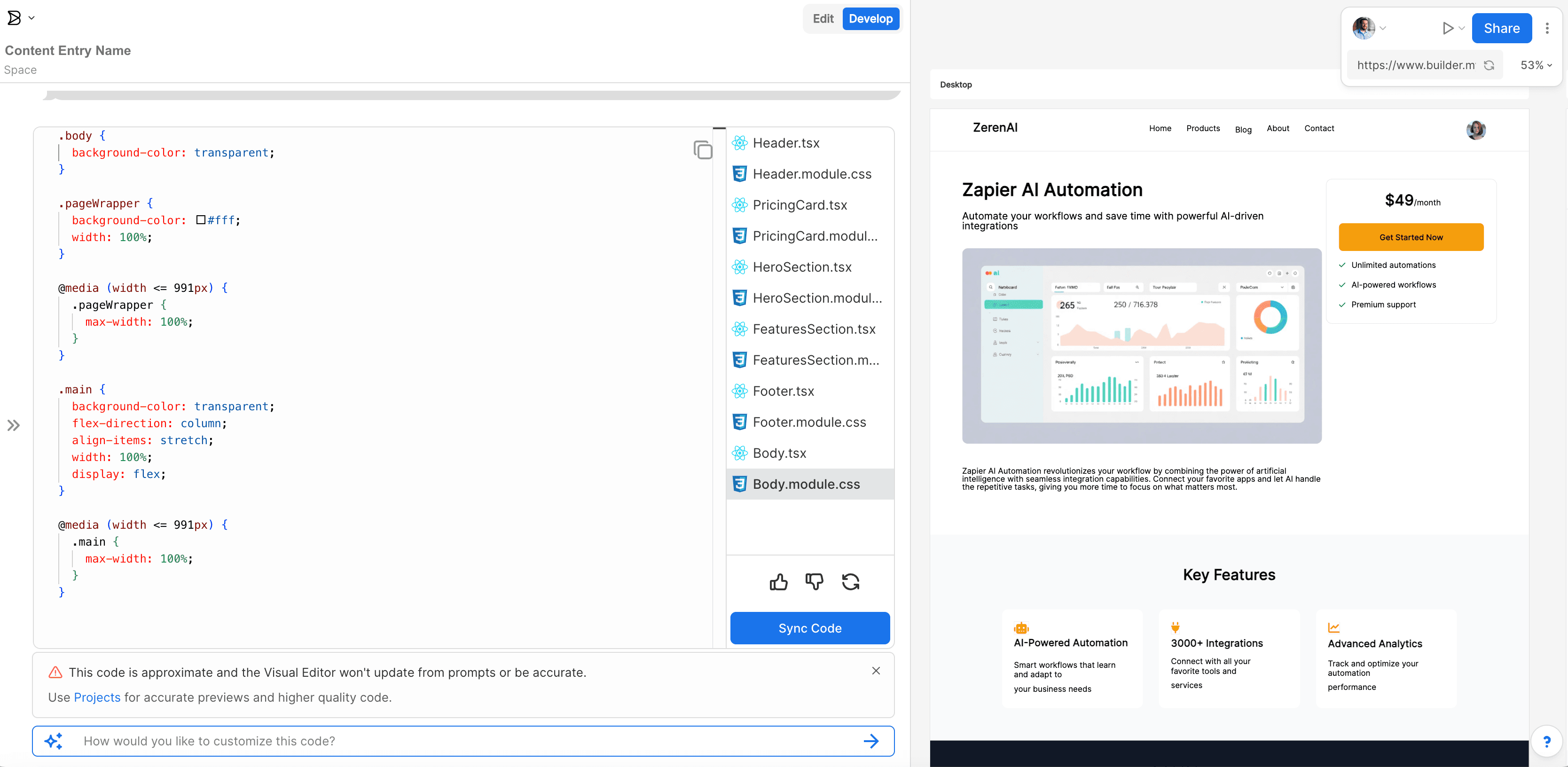 Builder.io Code Generation Screen with CSS